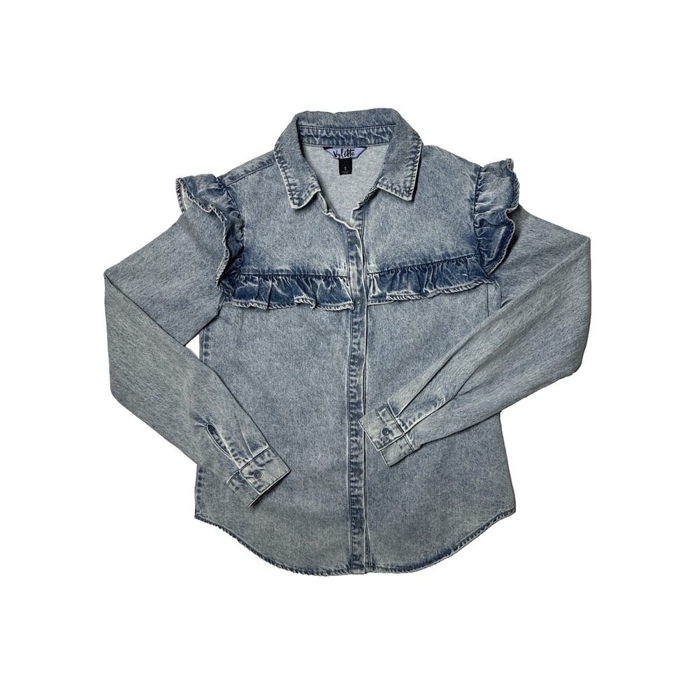 Vylette Women's Sz: S 100% Cotton Denim Ruffle Accent Button Down Shirt
